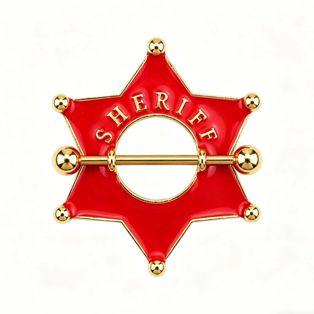 Red enamel sheriff badge nipple shield with gold-tone star frame
