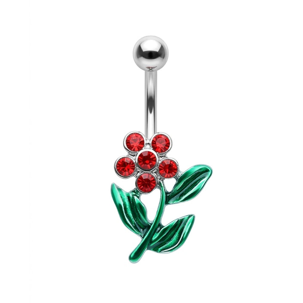 Front view of a curved barbell belly button ring featuring a red crystal flower pendant with green enamel leaves on a pure white background.