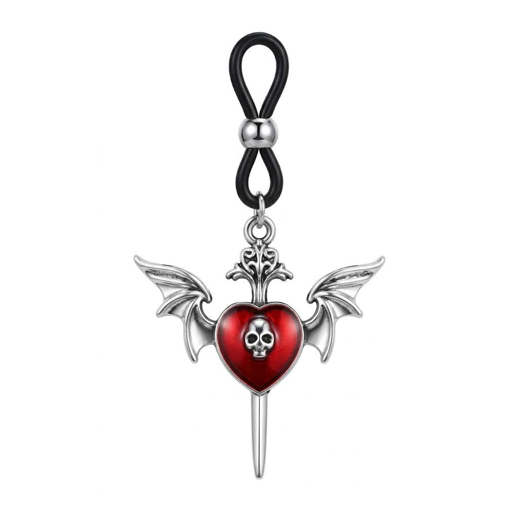 Gothic winged red heart with skull and dagger non-piercing nipple jewelry.