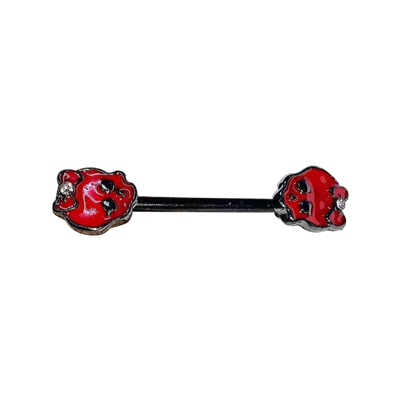 A pair of red gothic kitty nipple barbells with black bars and sparkling bow details against a white background.