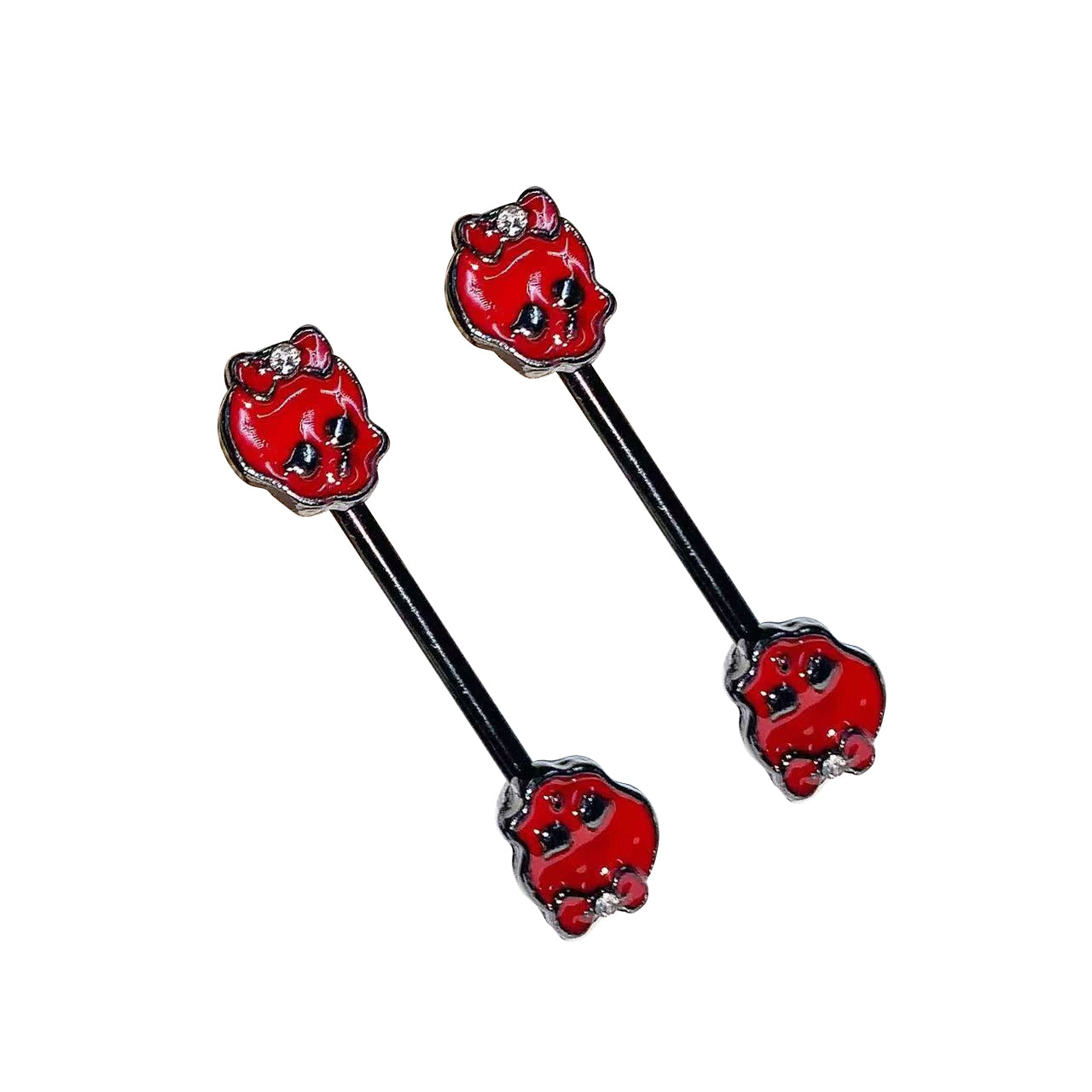 A pair of red gothic kitty nipple rings with black bars, showing the front design of the aesthetic kitten charms.