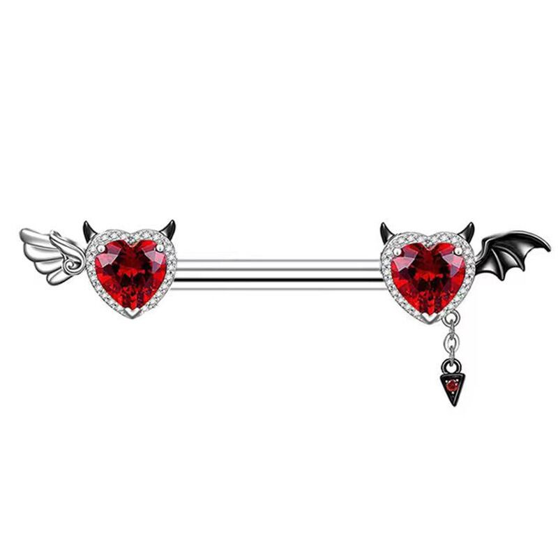 A high-quality studio shot of a red heart devil nipple barbell on a pure white background.