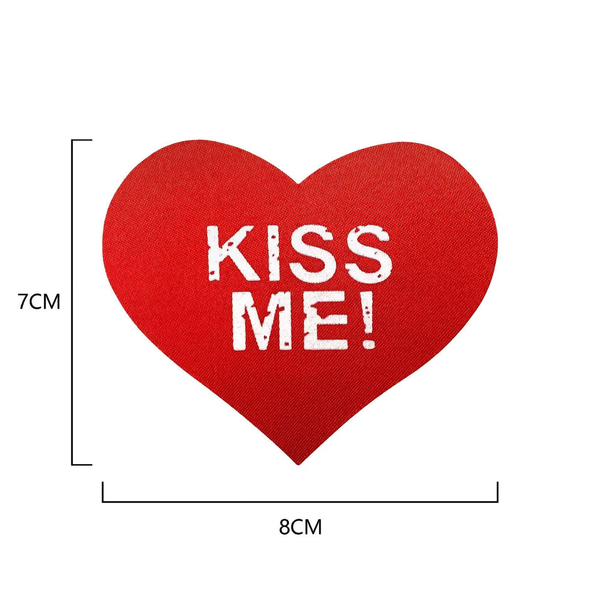 Size chart diagram showing red heart nipple pasties dimensions 8cm width by 7cm height.