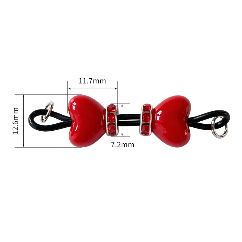 Red heart adjustable non-piercing nipple clamp with black rubber band and rhinestones showing measurements of 11.7mm and 12.6mm