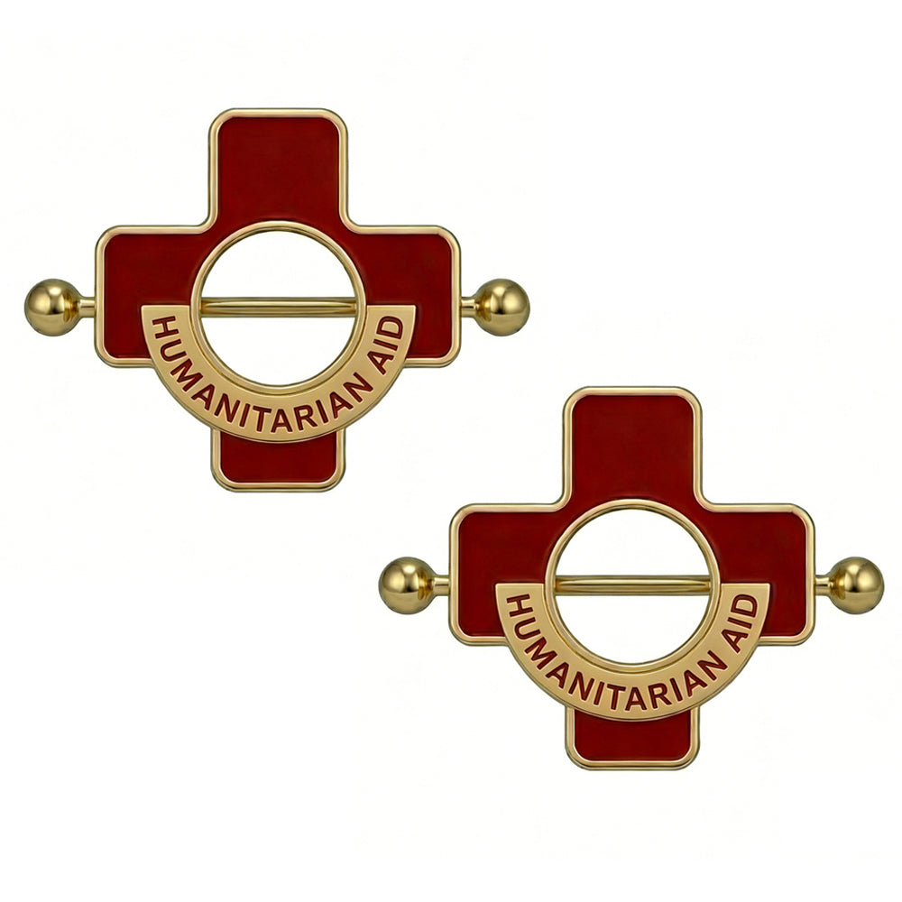 A pair of red Humanitarian Aid cross nipple shields