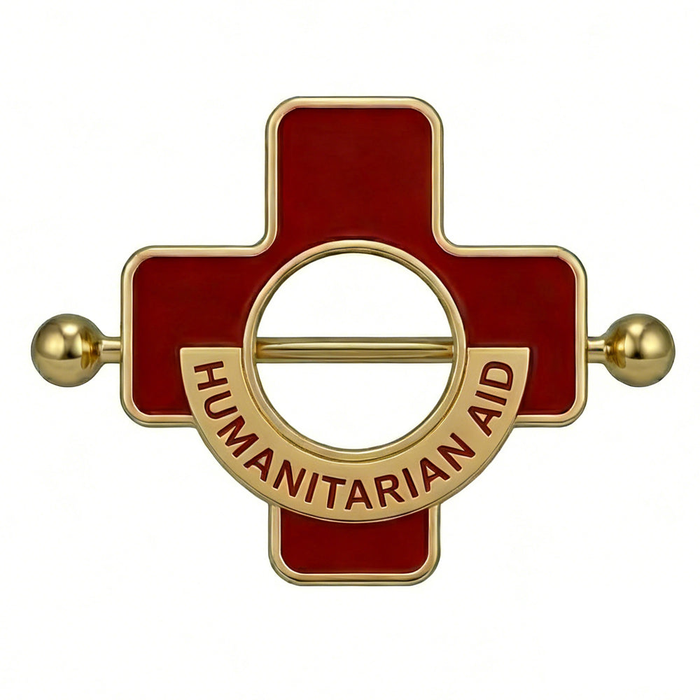 Red enamel cross nipple shield with Humanitarian Aid text