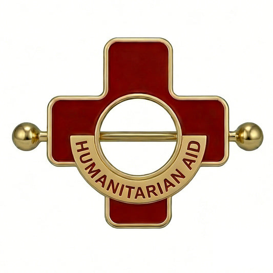 Red enamel cross nipple shield with Humanitarian Aid text