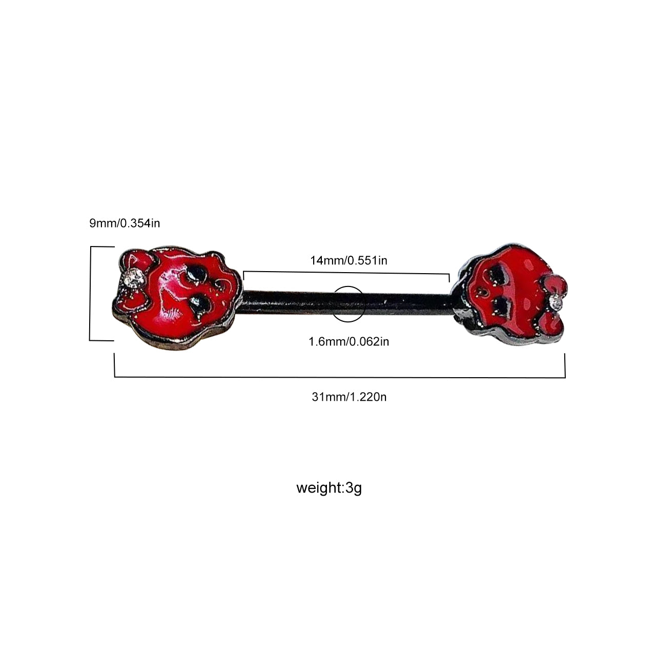 Detailed size chart for red kitty nipple rings showing 14mm bar length and 9mm charm size for perfect fitting.