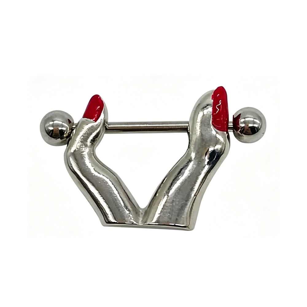 Hand-shaped nipple shield with red nail polish detail