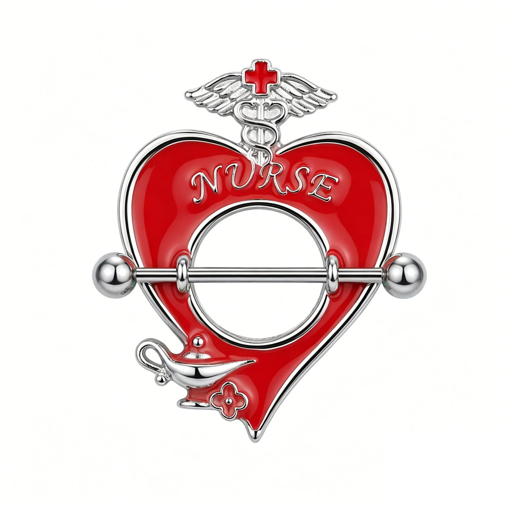Red heart nipple shield with nurse lettering and medical caduceus symbol.
