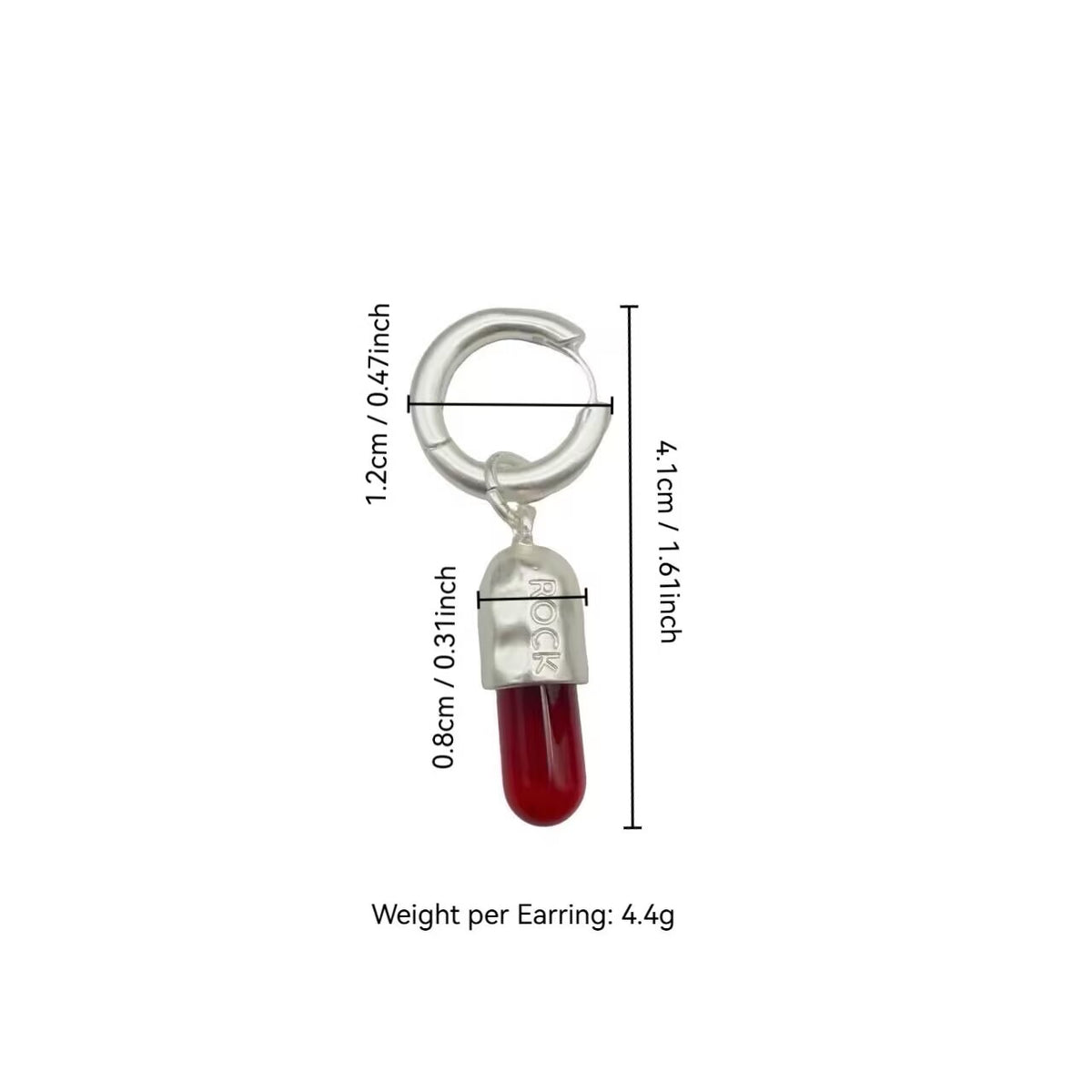 Dimension guide for red pill dangle hoop earring showing length 4.1cm and weight 4.4g.