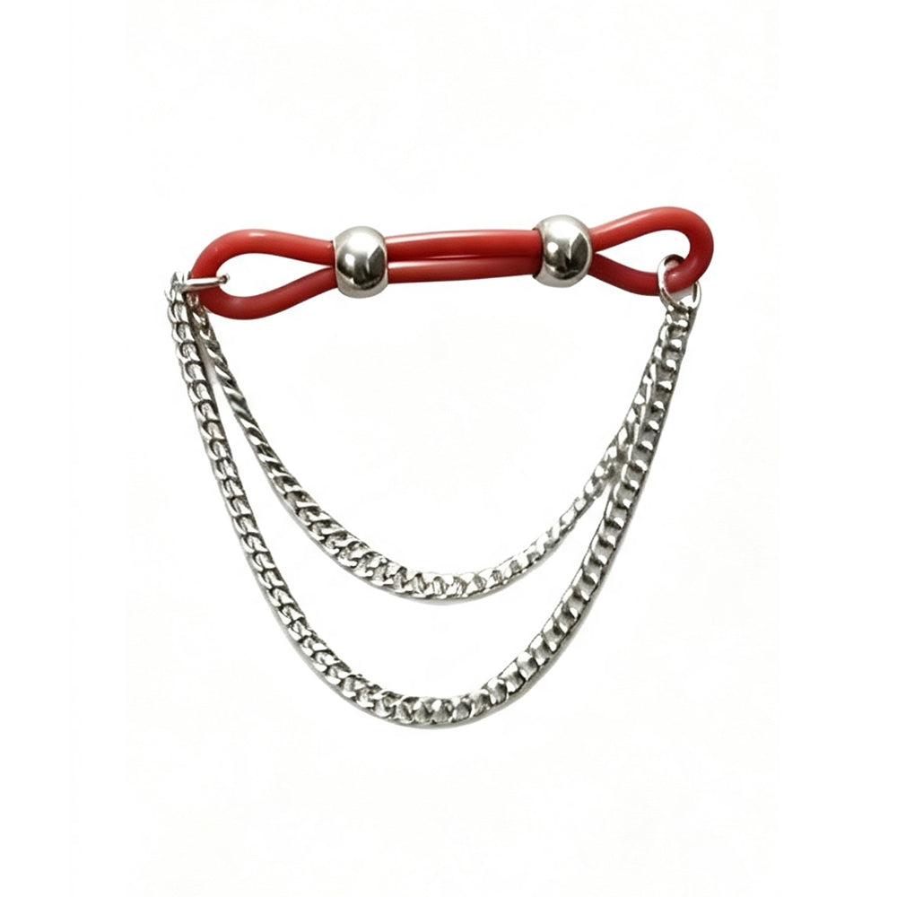 Red silicone loop non-piercing nipple clamp set sold in pairs with silver sliding beads and layered metal chains.