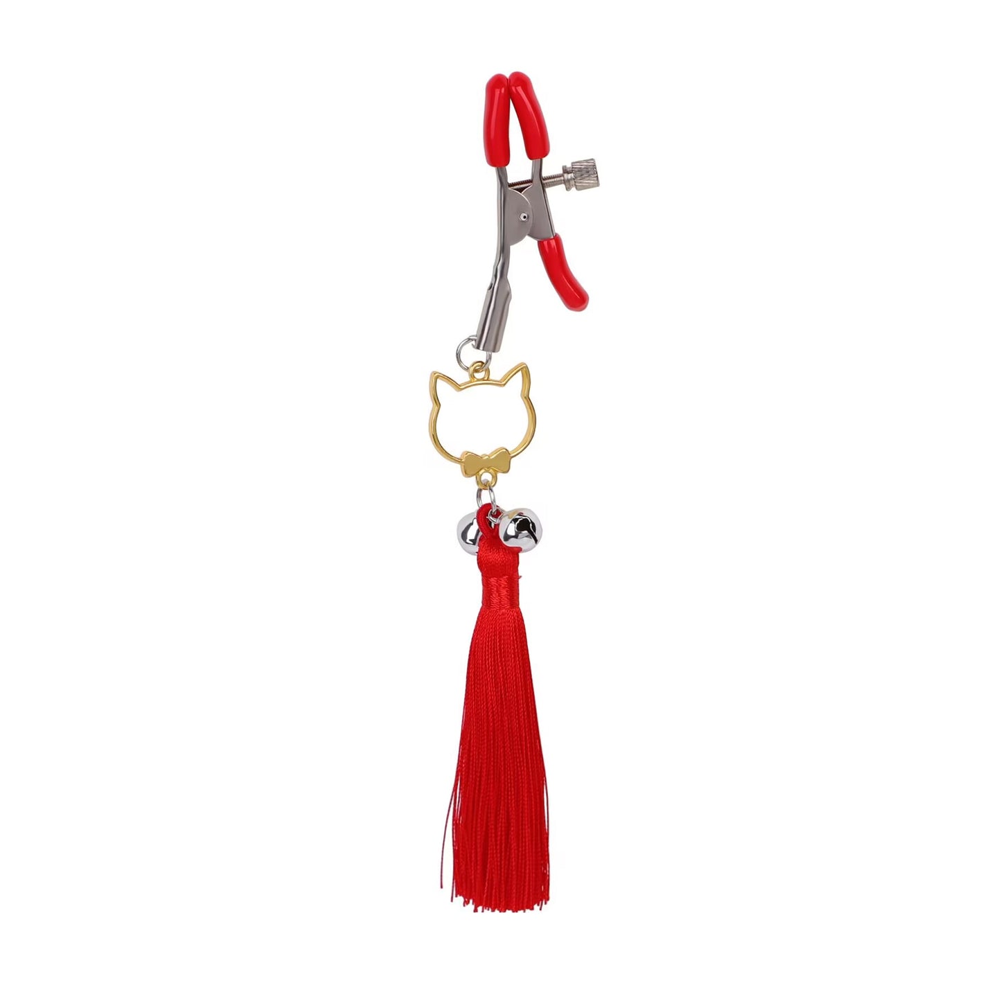 Single red body clamp with golden cat charm, silver bells, and long silk tassel.