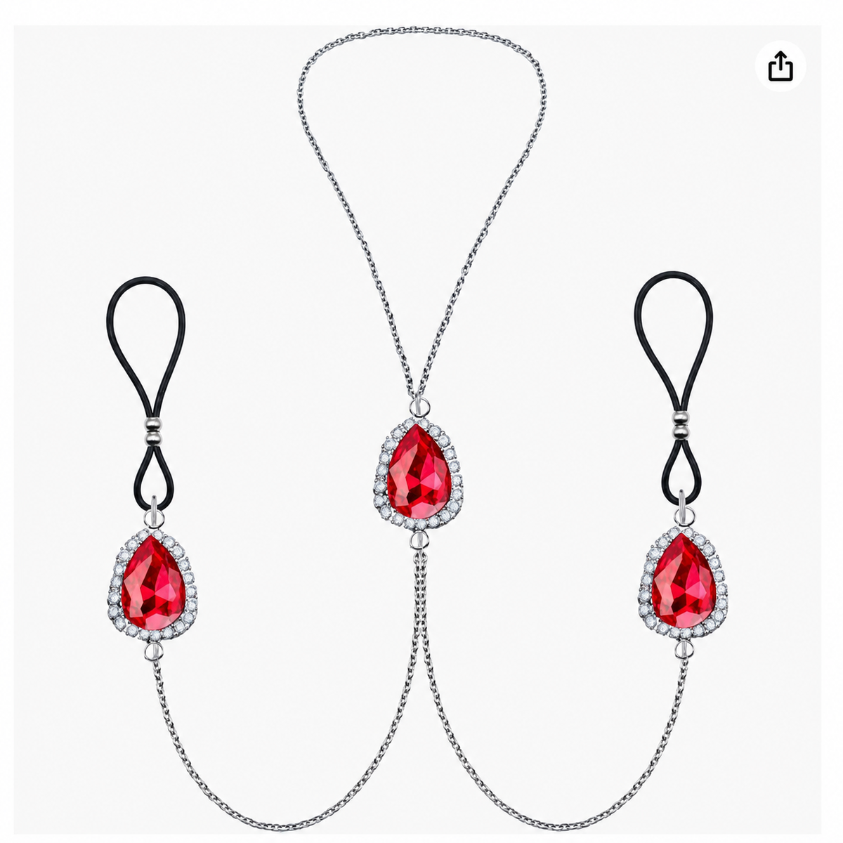 Red non-piercing nipple jewelry pair with red teardrop pendants, black loops and connecting chains