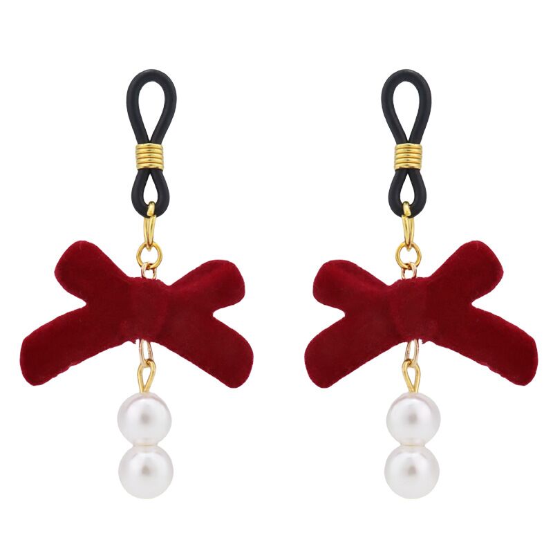Pair of non-pierced nipple loops featuring deep red velvet bows and double hanging white pearls.
