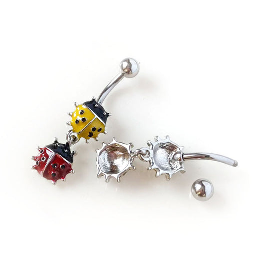 Red and yellow ladybug belly button ring displayed from the front and back, with a detached silver-tone ball end.