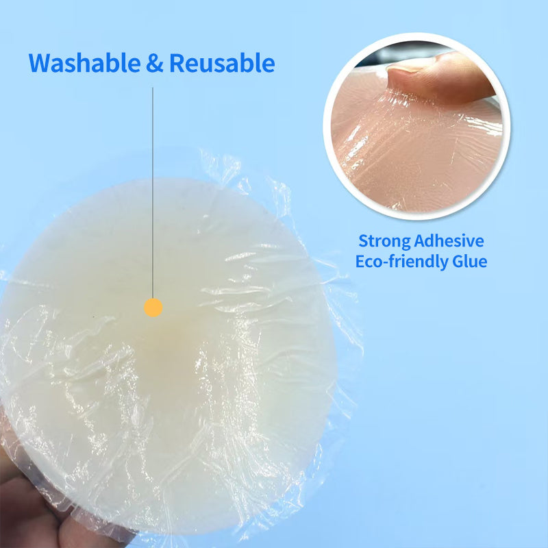 Close-up of washable and reusable fake nipple piercing pasty showing strong skin-friendly adhesive glue under protective layer.