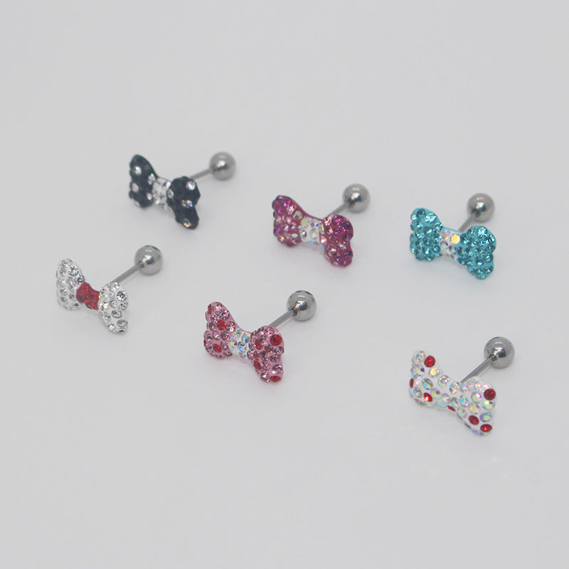 Six individual rhinestone bow earrings arranged diagonally to show their colored bows, posts and ball ends.