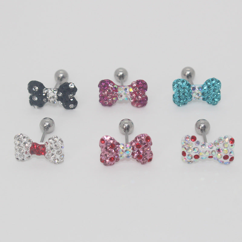 Six rhinestone bow earrings showing all color options in two rows, with ball fastenings above the bows.