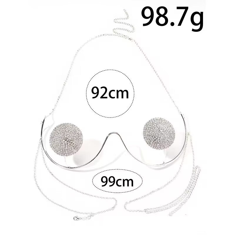 Silver rhinestone bra body chain jewelry showing measurements of 92cm top chain, 99cm bottom chain, and weight of 98.7g.