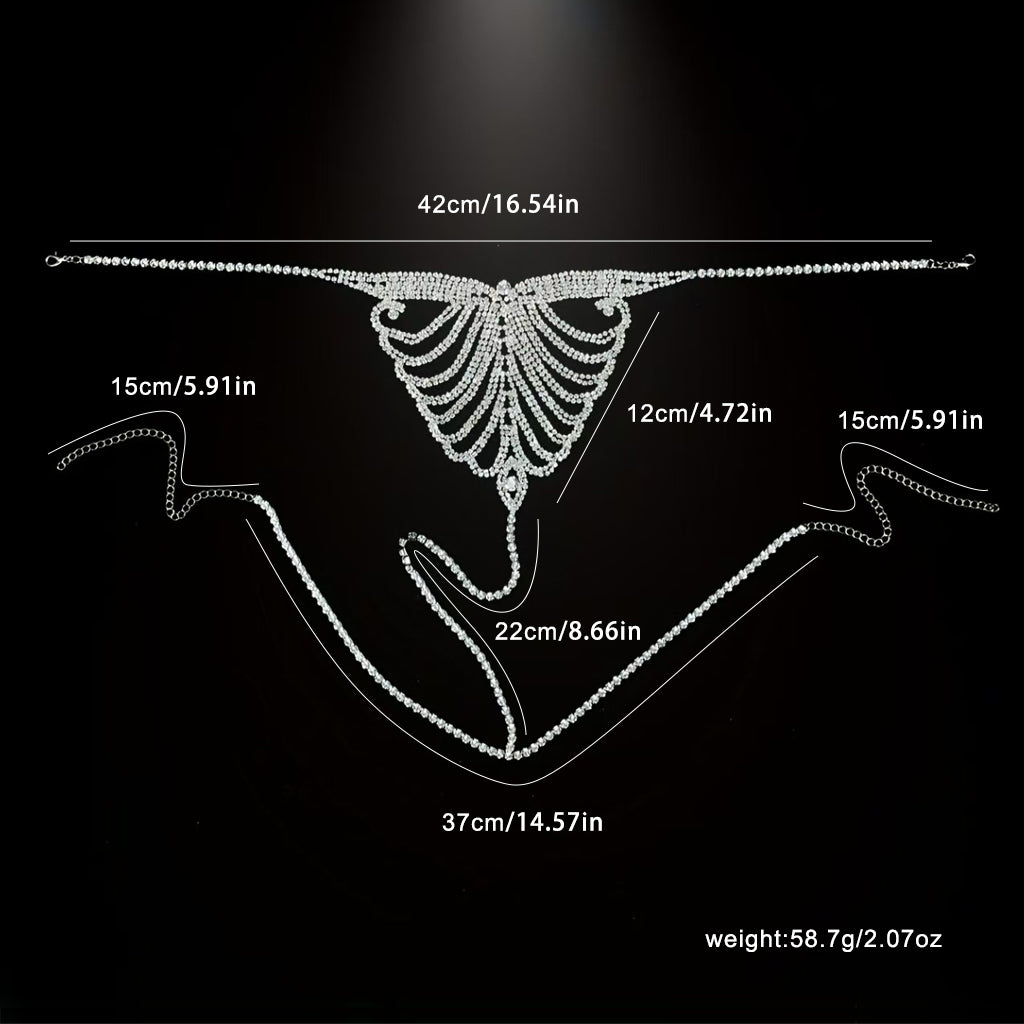 Dimension guide showing exact measurements and weight for rhinestone butterfly waist chain.
