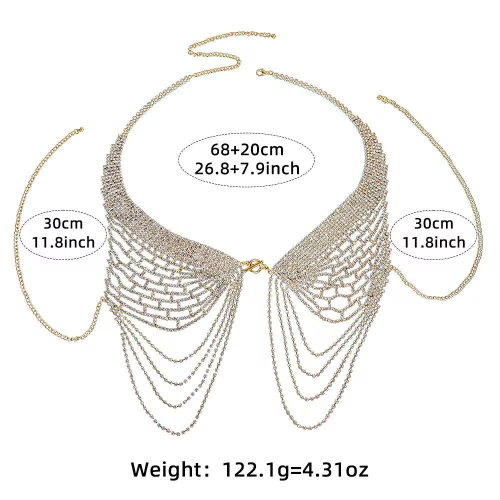 Dimension and weight diagram for the rhinestone chest chain bra harness with 68cm plus 20cm extension chain details.