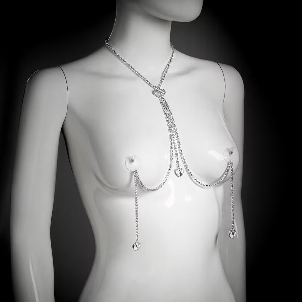 Side angle view showing silver rhinestone chest harness necklace with non-pierced nipple clamps