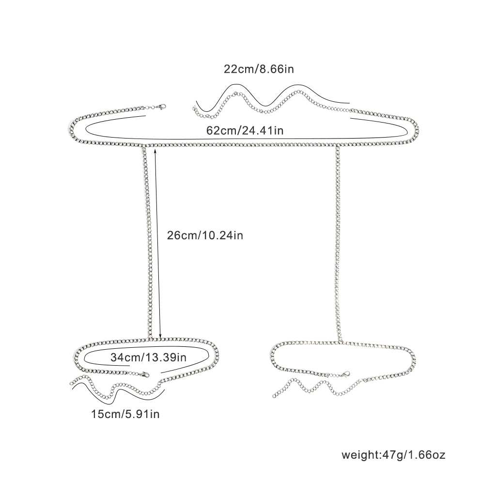 Detailed dimension guide showing measurements and weight for rhinestone double thigh garter harness waist chain.
