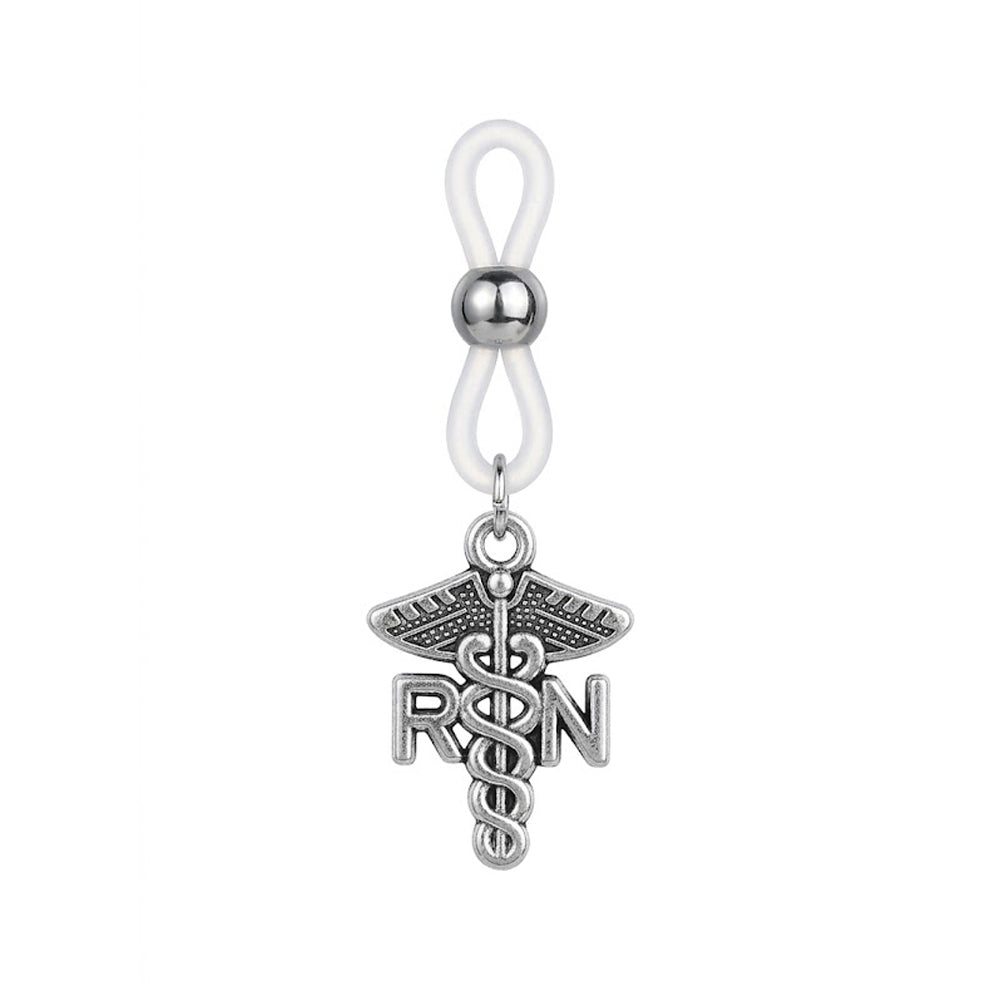 Single silver-tone RN Caduceus non-piercing nipple clamp with adjustable white silicone loop on white background.