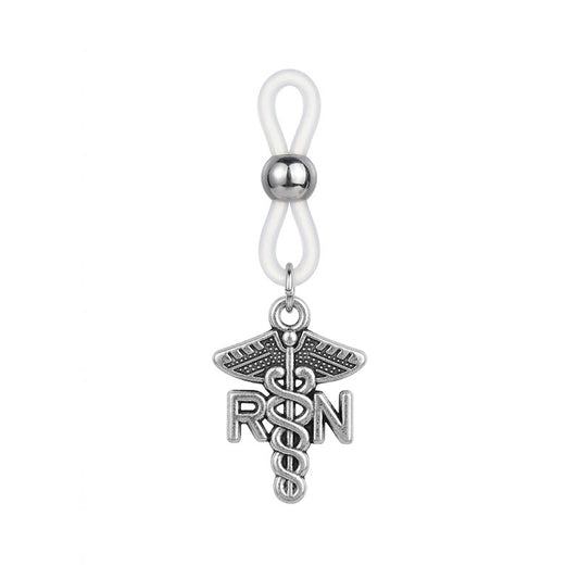 Single silver-tone RN Caduceus non-piercing nipple clamp with adjustable white silicone loop on white background.