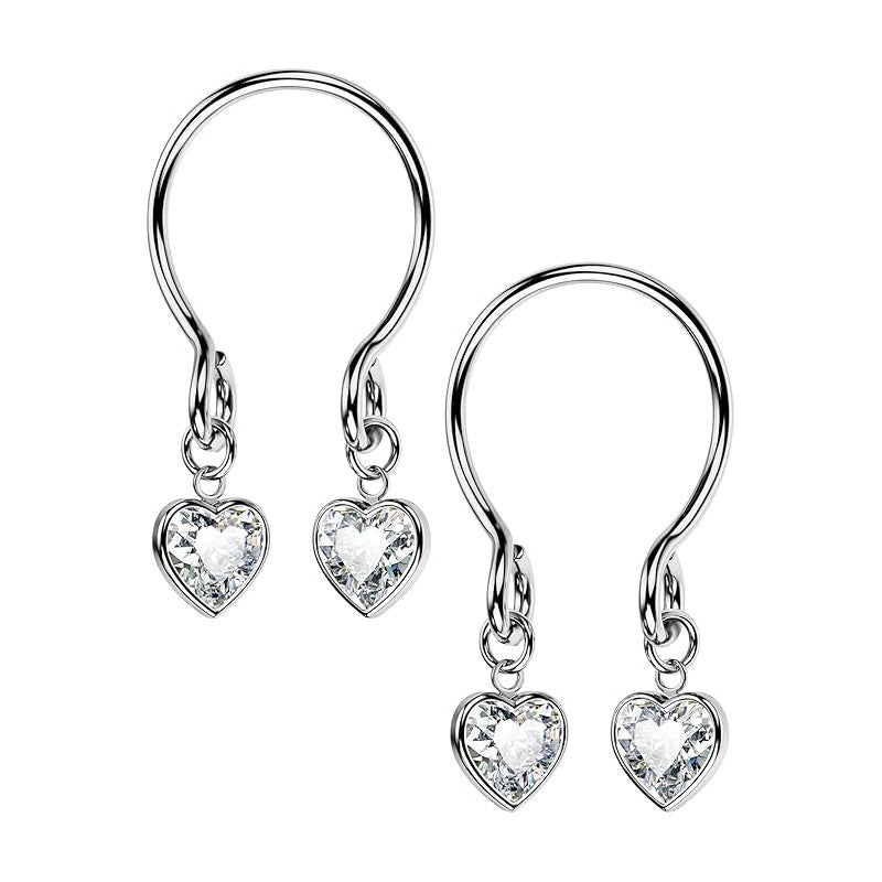 Romantic U-shaped nipple jewelry with dangling heart-shaped cubic zirconia charms, perfect for a sweet and sexy aesthetic.