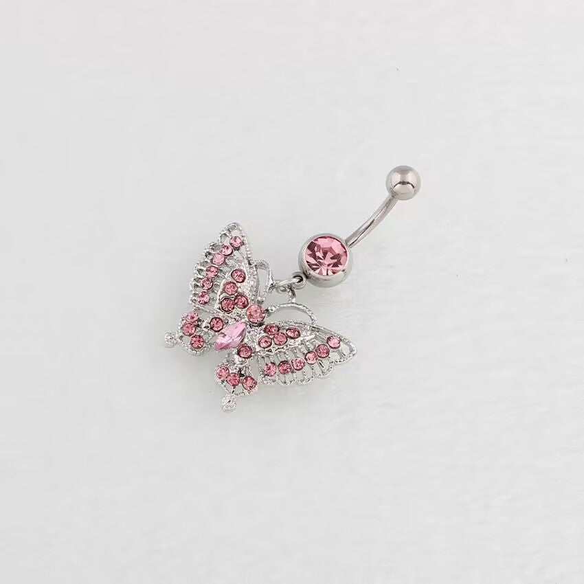 Pink version of the filigree butterfly dangle belly button ring set with all-pink crystals for a sweet body jewelry style.