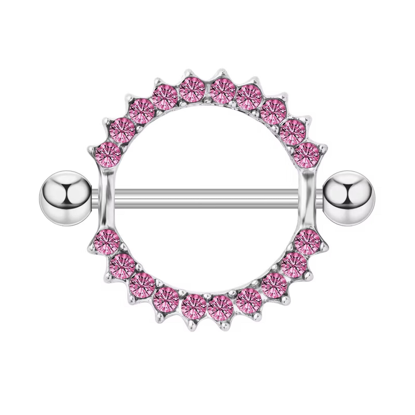 High-definition product photo of a 14G body piercing shield ring decorated with romantic pink cz crystal stones for intimate styling.