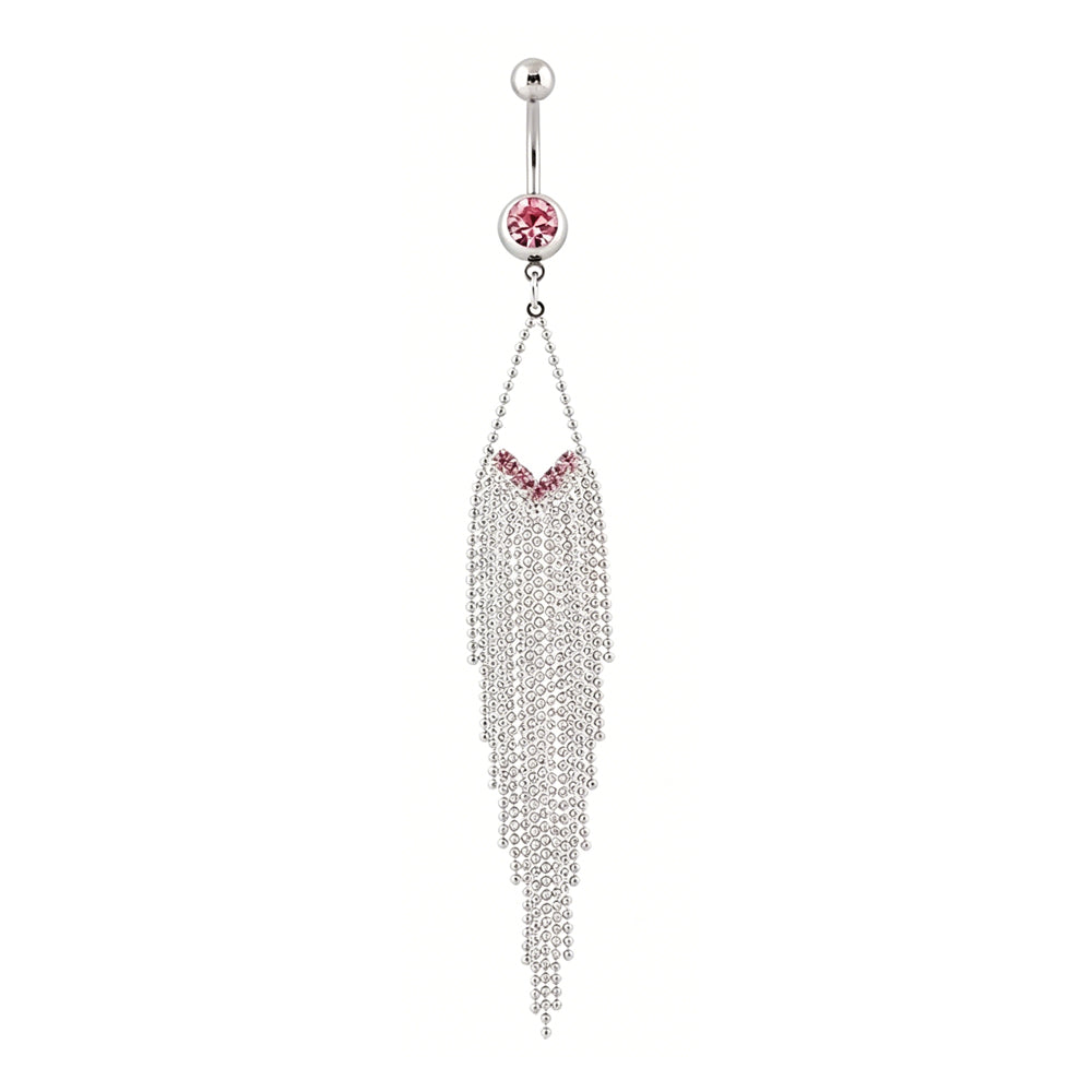 Isolated front view of a silver navel piercing ring featuring a V-shaped row of radiant pink gems and perfectly centered elegant cascading long fringes.