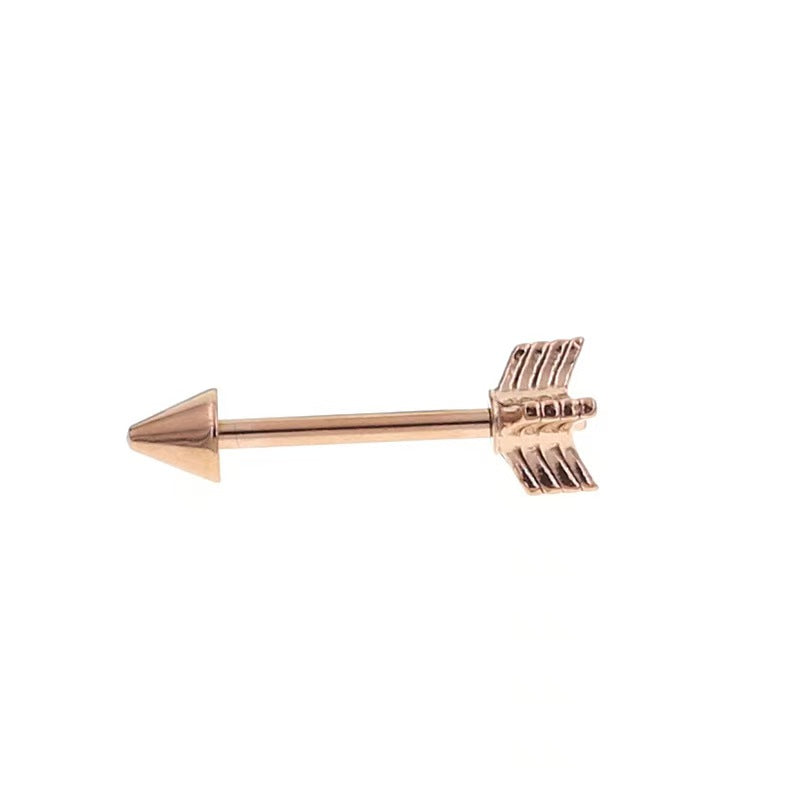 Elegant rose gold arrow straight barbell for nipple or tongue piercing featuring detailed geometric arrowhead and tail feathers.