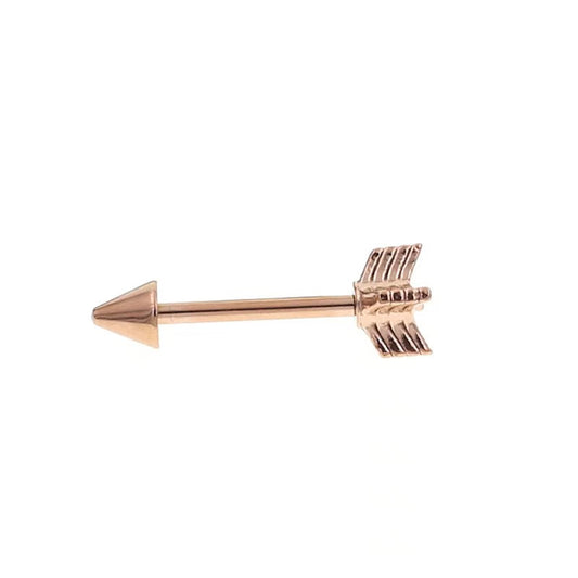 Elegant rose gold arrow straight barbell for nipple or tongue piercing featuring detailed geometric arrowhead and tail feathers.