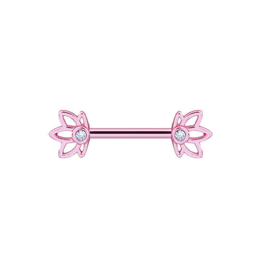 Minimalist rose gold lotus flower nipple barbell with center stone.