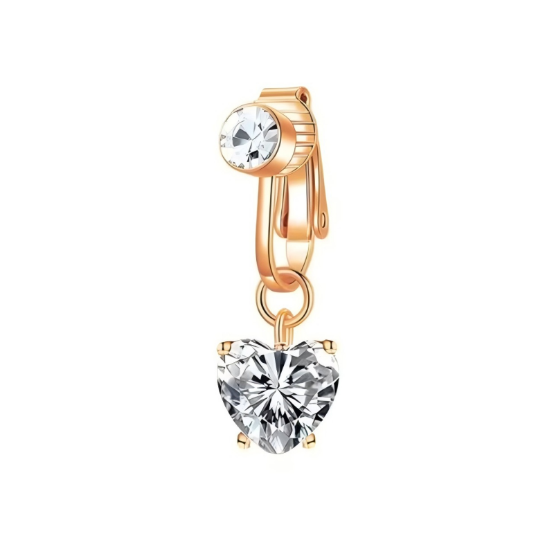 Rose gold non-piercing clip-on navel ring with a shimmering clear heart-cut cubic zirconia.