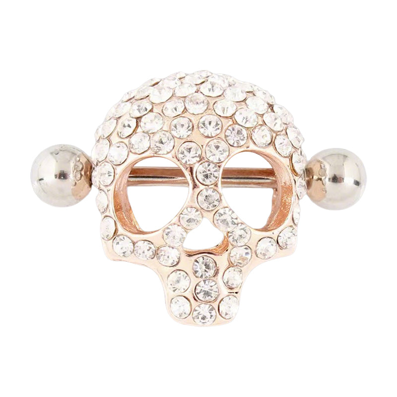 Rose gold plated skull nipple shield jewelry featuring high-shine crystals and barbell bar.