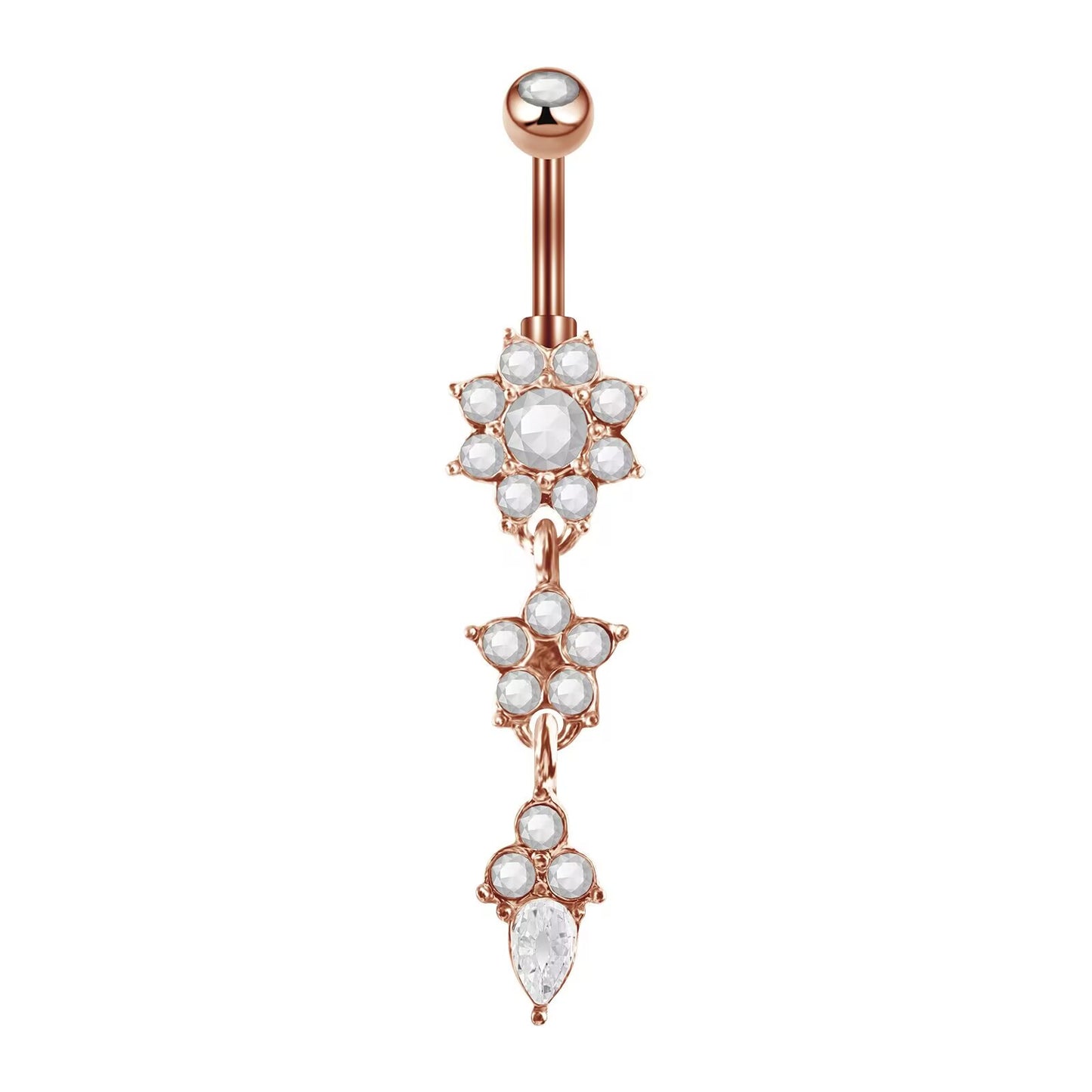 Rose gold dangle belly ring featuring flower and teardrop zircon pendant.
