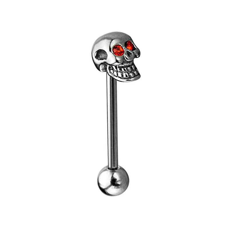 Single gothic skull tongue ring barbell featuring ruby red crystal gem eyes on white background.