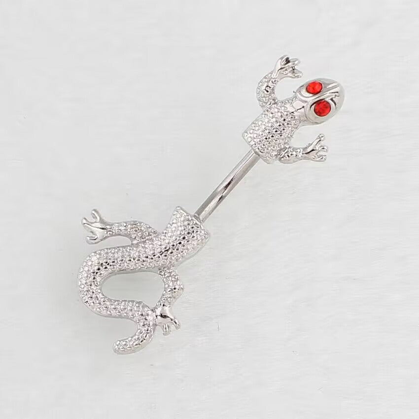 Lizard belly button ring with ruby red crystal gem eyes.
