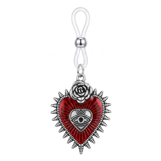 Close-up of a gothic red sacred heart pendant featuring a silver rose and an all-seeing eye design on an adjustable clear loop.