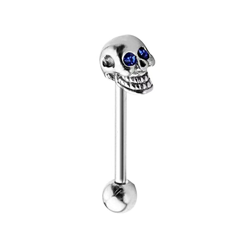 Single gothic skull tongue ring body jewelry featuring sapphire blue cz eyes on white background.