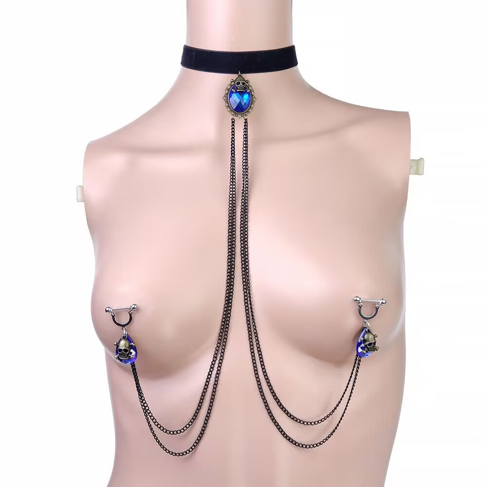 Sapphire blue skull teardrop crystal choker and matching nipple chains set.