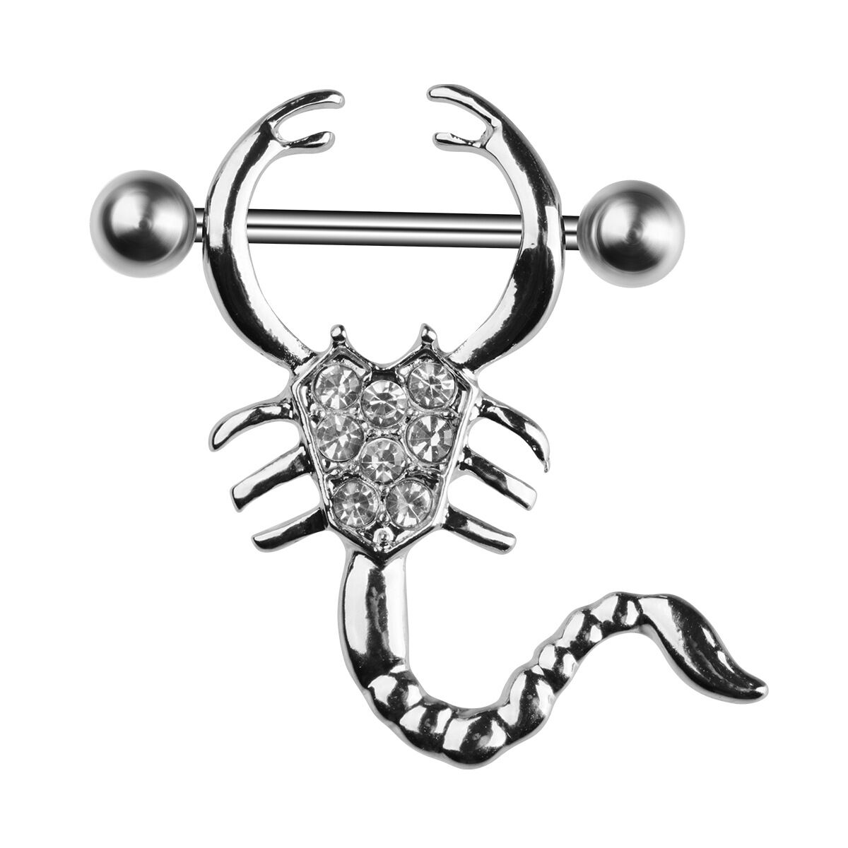 heart-jewelry.jpg	Front view of a silver scorpion nipple shield with a crystal heart center.