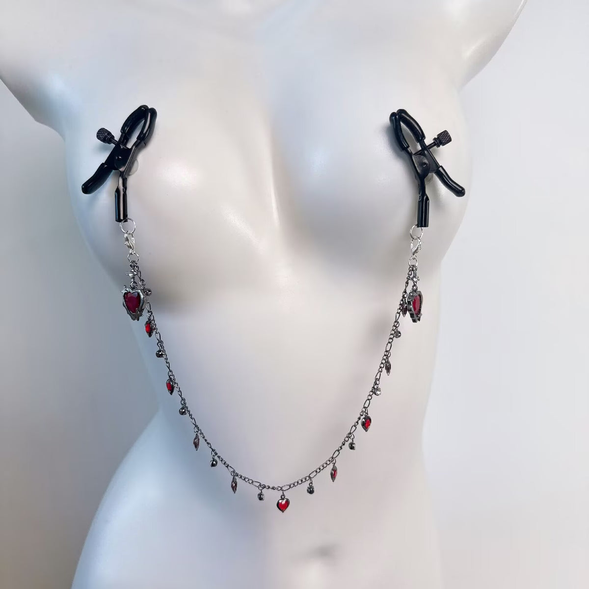 Screw adjustable metal nipple clamps linked with red crystal heart body jewelry chain