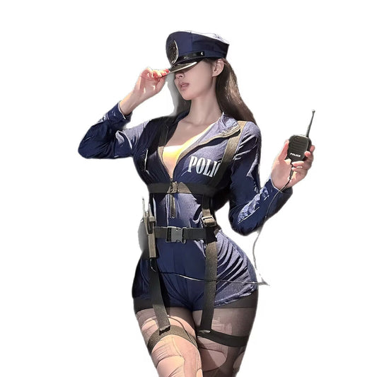 Front view of a model wearing a tight midnight blue seductive policewoman lingerie bodysuit with tactical harness straps against a white background.