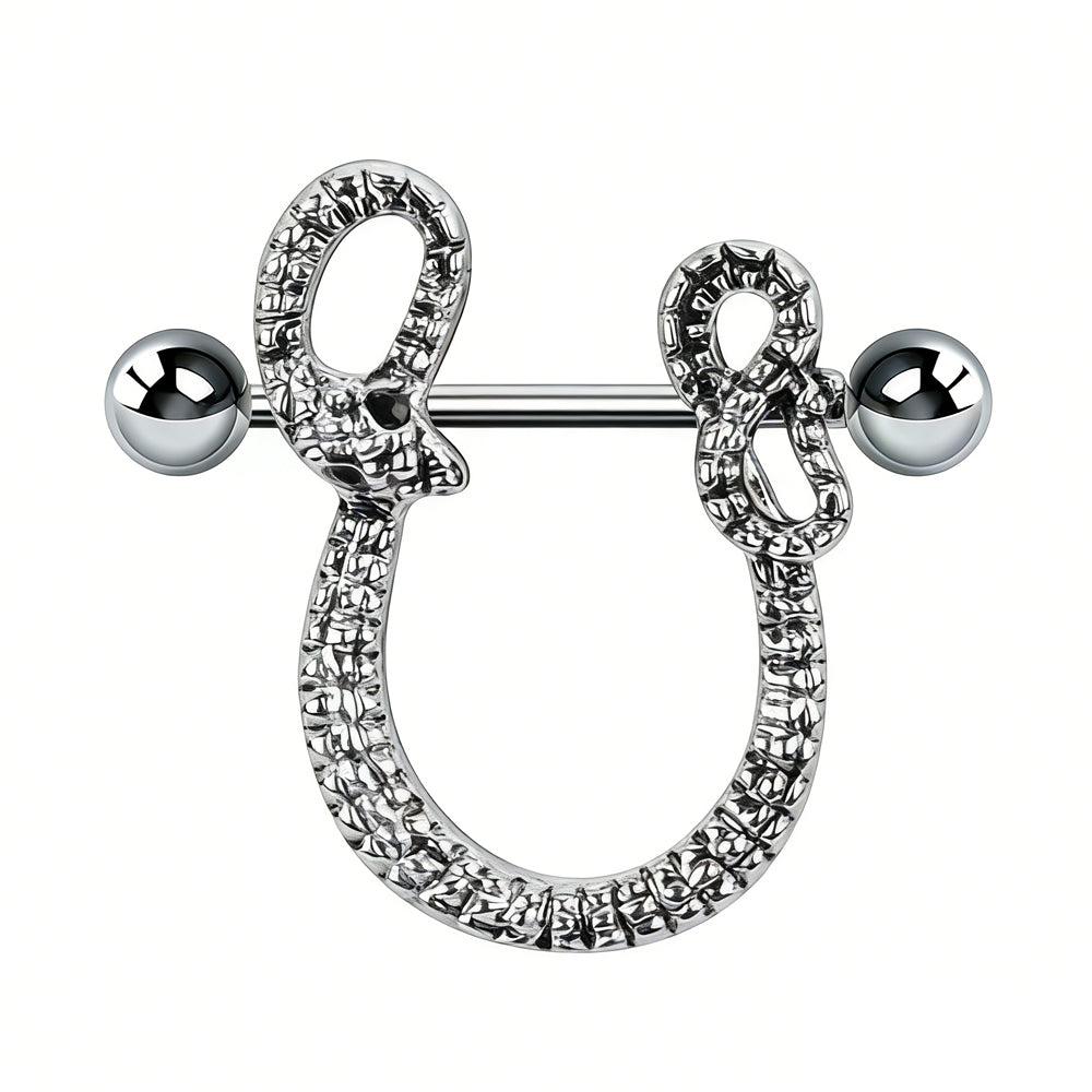 High-definition front view of a serpent-themed nipple shield with detailed scale texture on a white background.