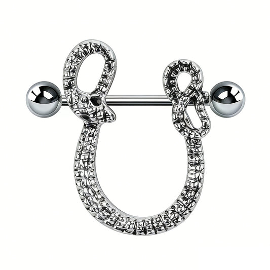 High-definition front view of a serpent-themed nipple shield with detailed scale texture on a white background.